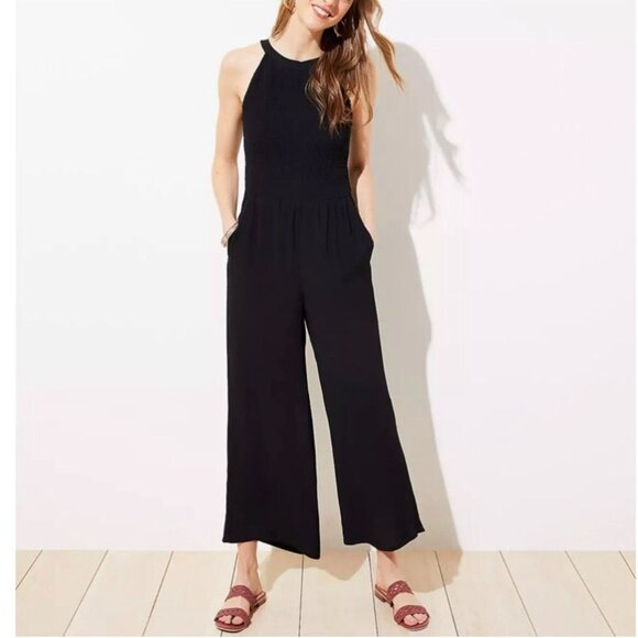 Ann Taylor LOFT Smocked Halter Jumpsuit - Black - Size 00 - Picture 1 of 10